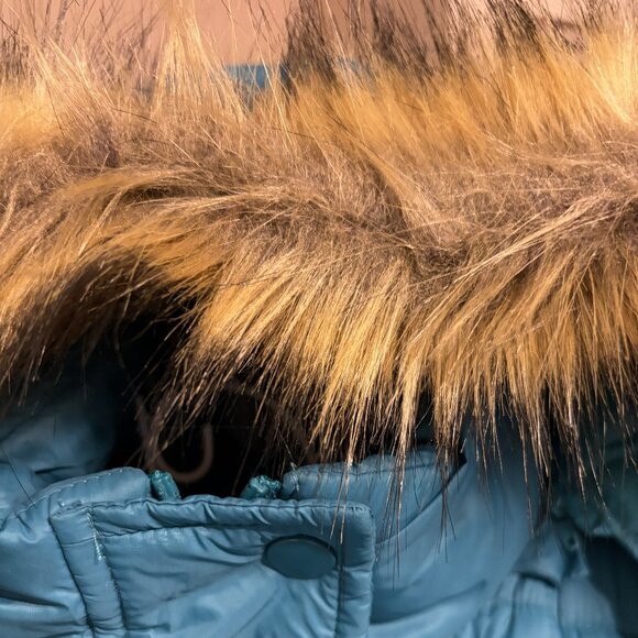 Womens Winter Coat with Fur Trim Hood-Teal with Brown Faux Fur, sz 3X - Picture 5 of 13